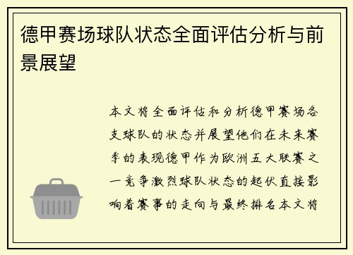 德甲赛场球队状态全面评估分析与前景展望 德甲赛场球队状态全面评估分析与前景展望